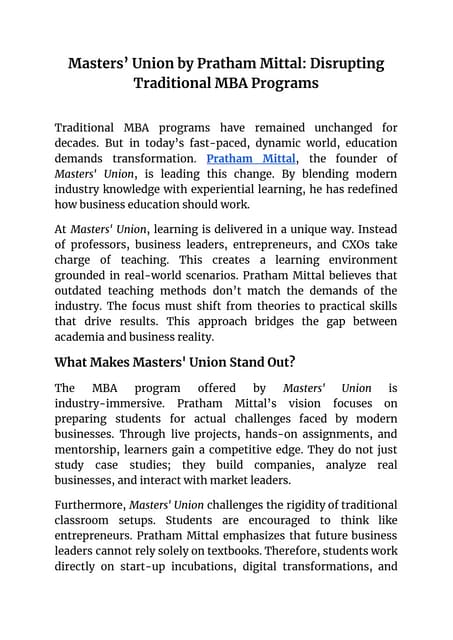 Masters’ Union by Pratham Mittal: Disrupting Traditional MBA Programs